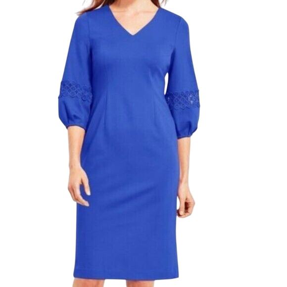 TALBOTS NWT Size 8 Petite Blue V-Neck Lace Sleeve Midi Dress Career Boho Preppy‎ - Picture 1 of 9